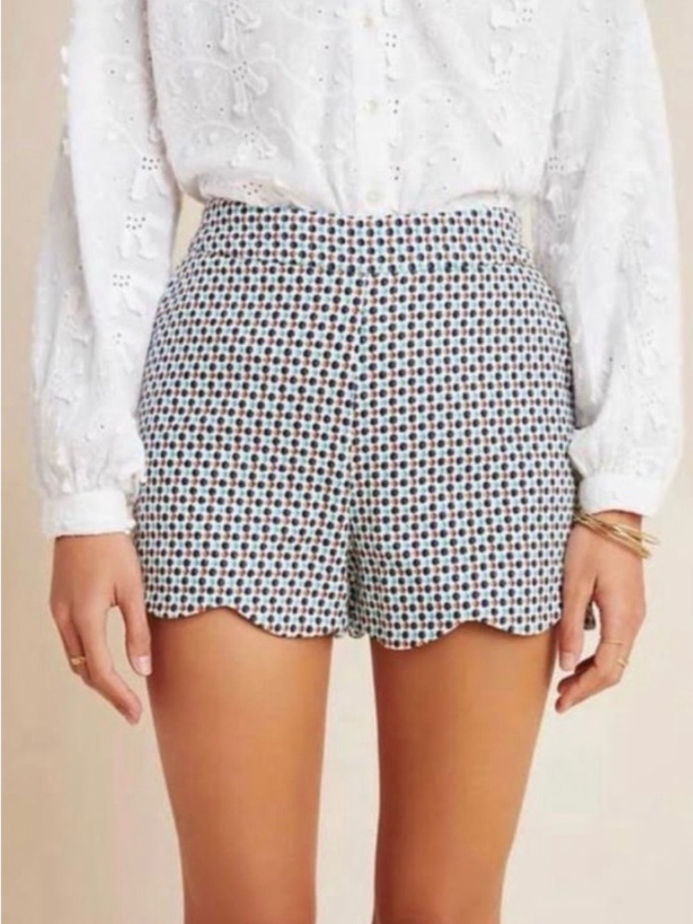 Anthropologie White High-Waist Scallop Hem Shorts with Blue & Brown Dot Print
